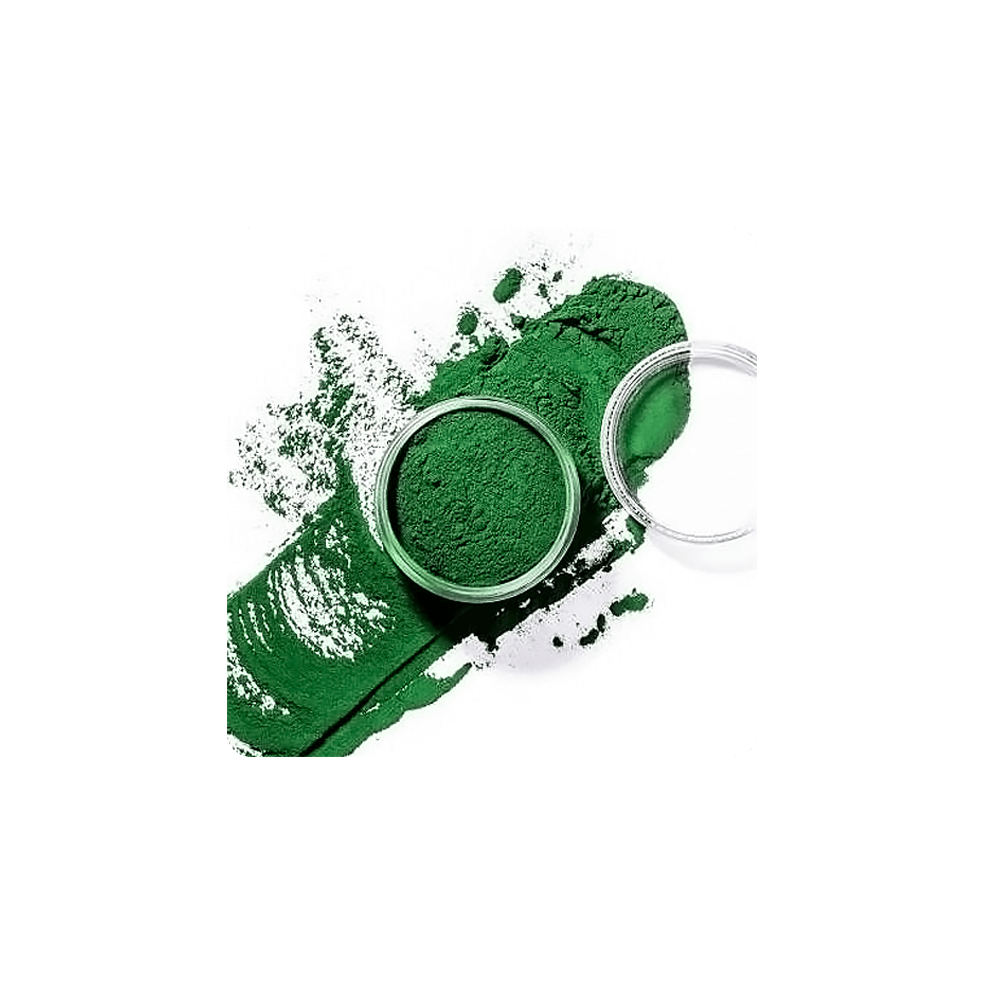 Spirulina powder in a clear container with green color streak on a white background.