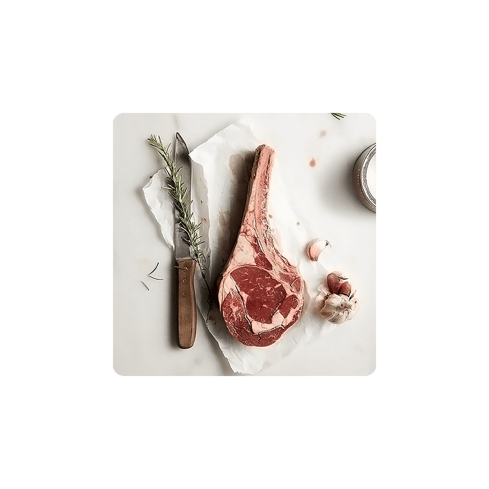 Raw meat steak with knife, garlic, and rosemary on a white surface, ideal for cooking with Zinc benefits.