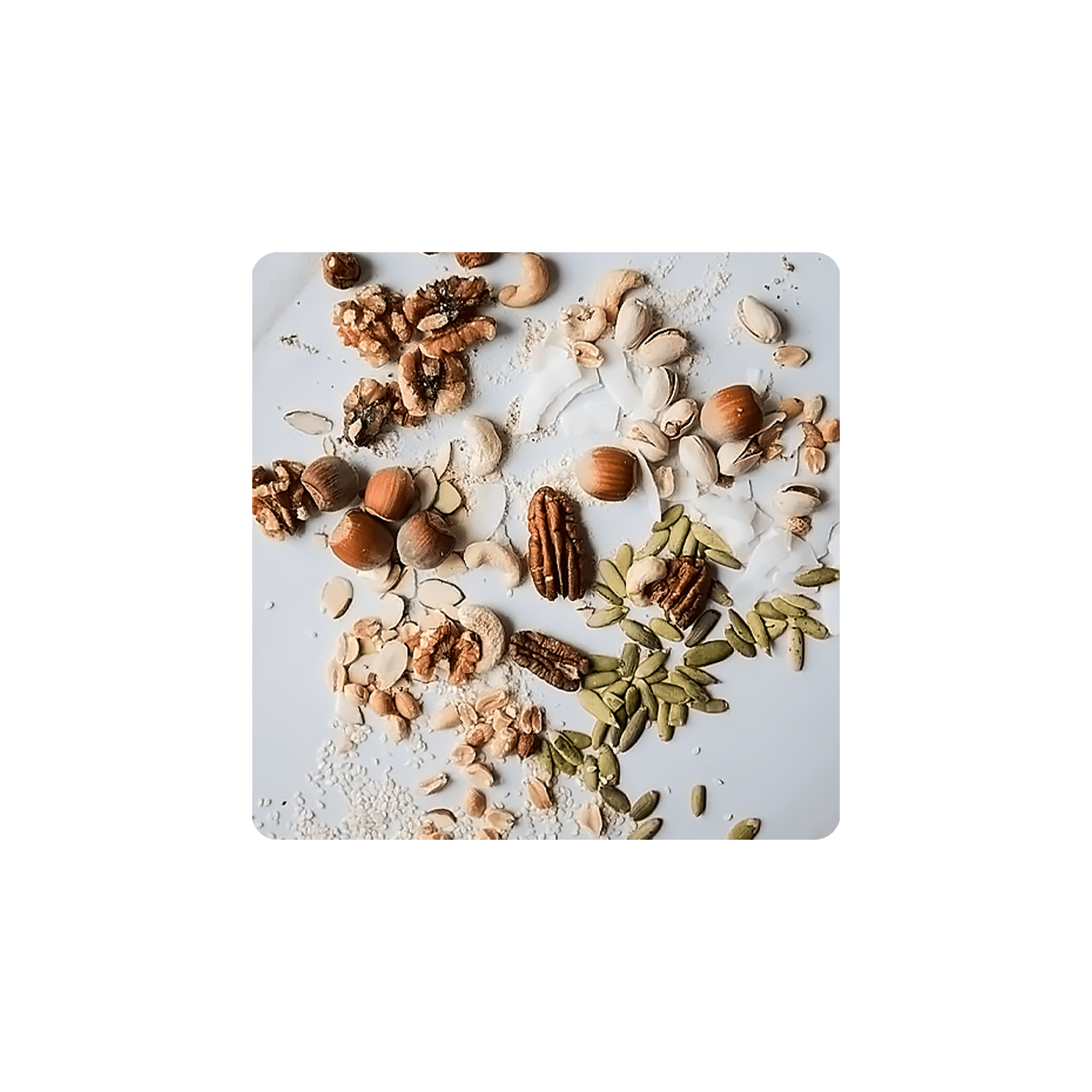 Mixed nuts and seeds rich in Vitamin E for health benefits and skin support.