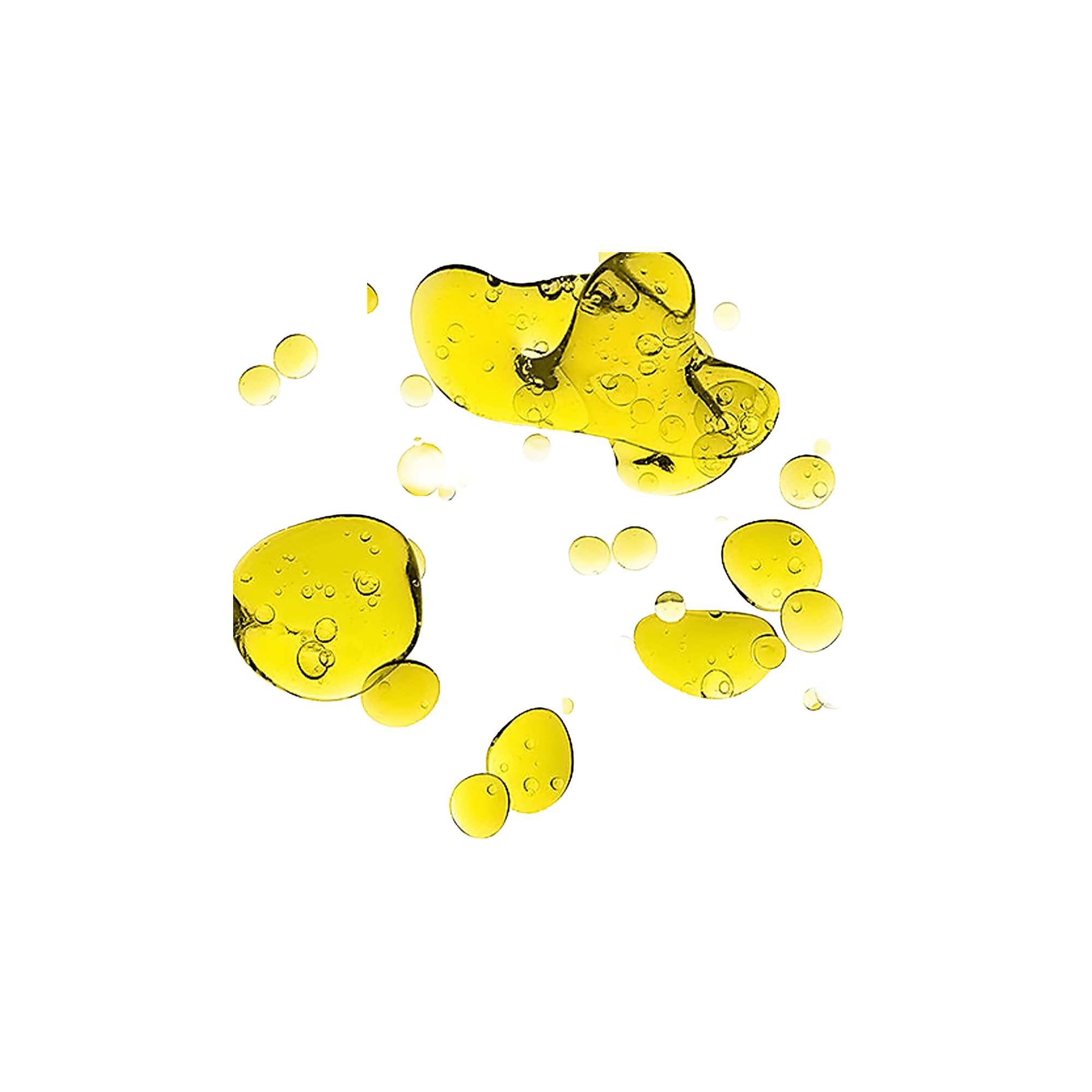 MCT Oil droplets against a transparent background, showcasing its liquid texture and golden color.