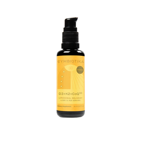 Bottle of Symbiotika supplement with yellow label on a white background