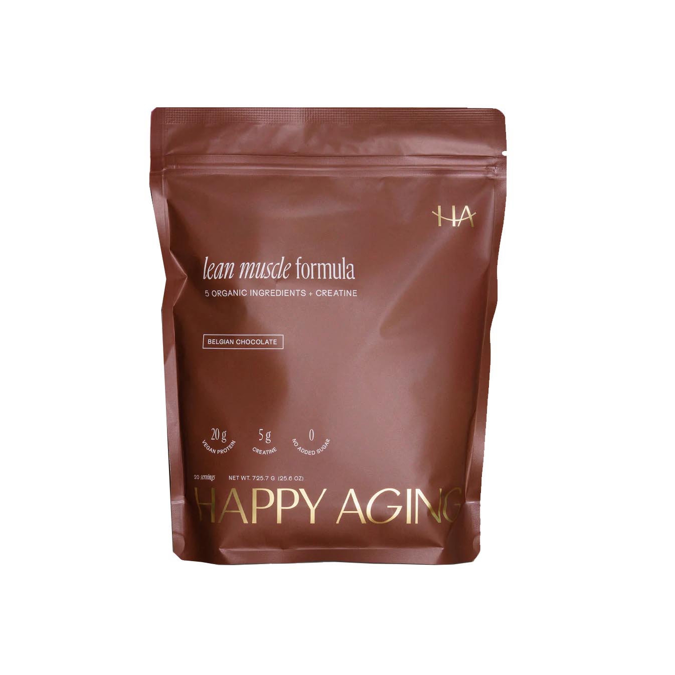 Brown package of Happy Agin lean muscle formula on a white background