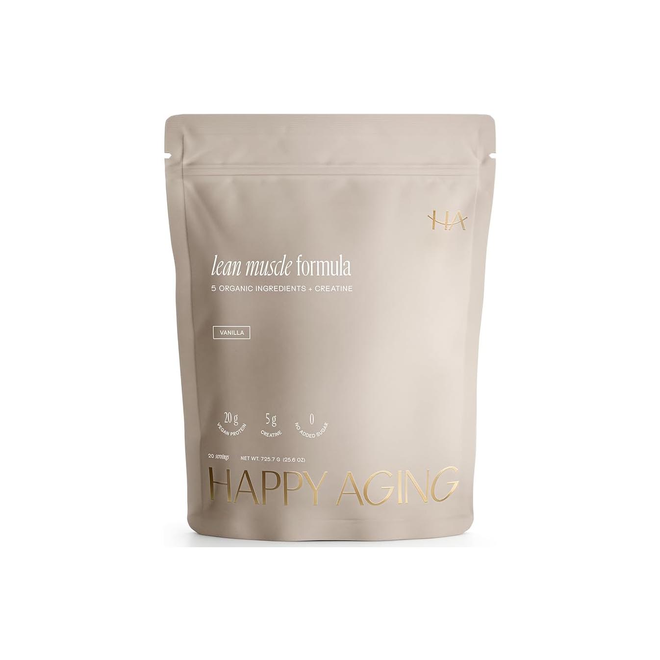 Beige supplement package labeled 'Happy Aging' on a white background