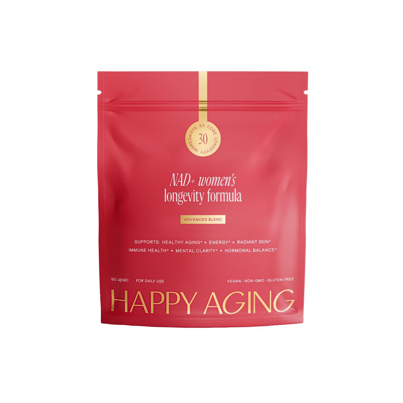 Red package of 'Happy Aging' women's longevity formula on a white background