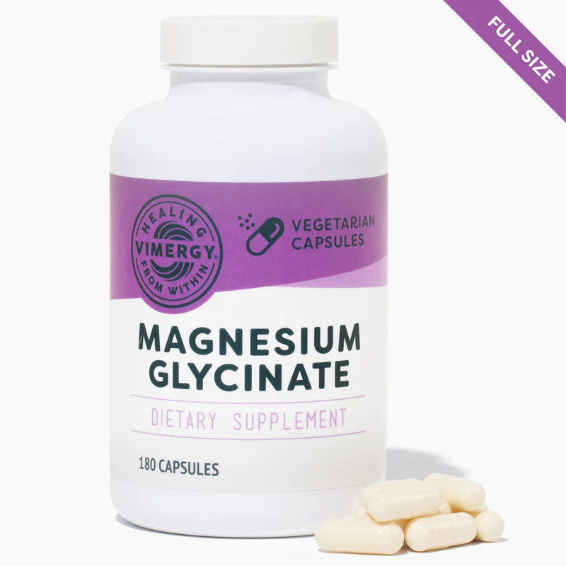 Supplement bottle labeled 'Magnesium Glycinate' with capsules on a white background