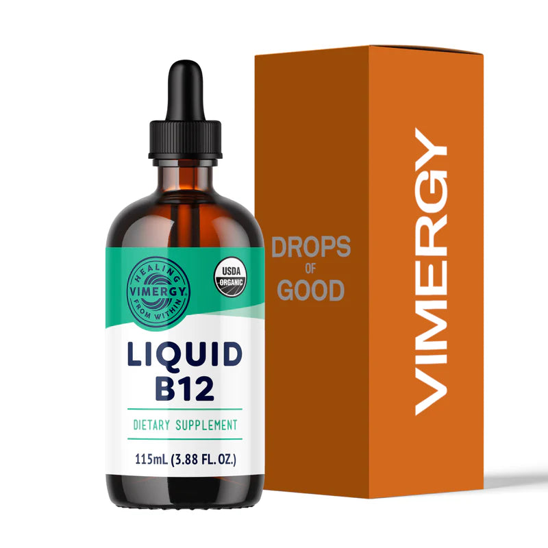 Vimeryg Liquid B12 supplement bottle with dropper and packaging on a white background