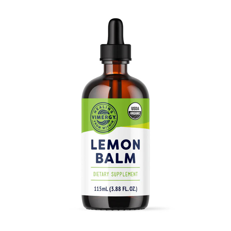 Bottle of Lemon Balm dietary supplement with a dropper on a white background