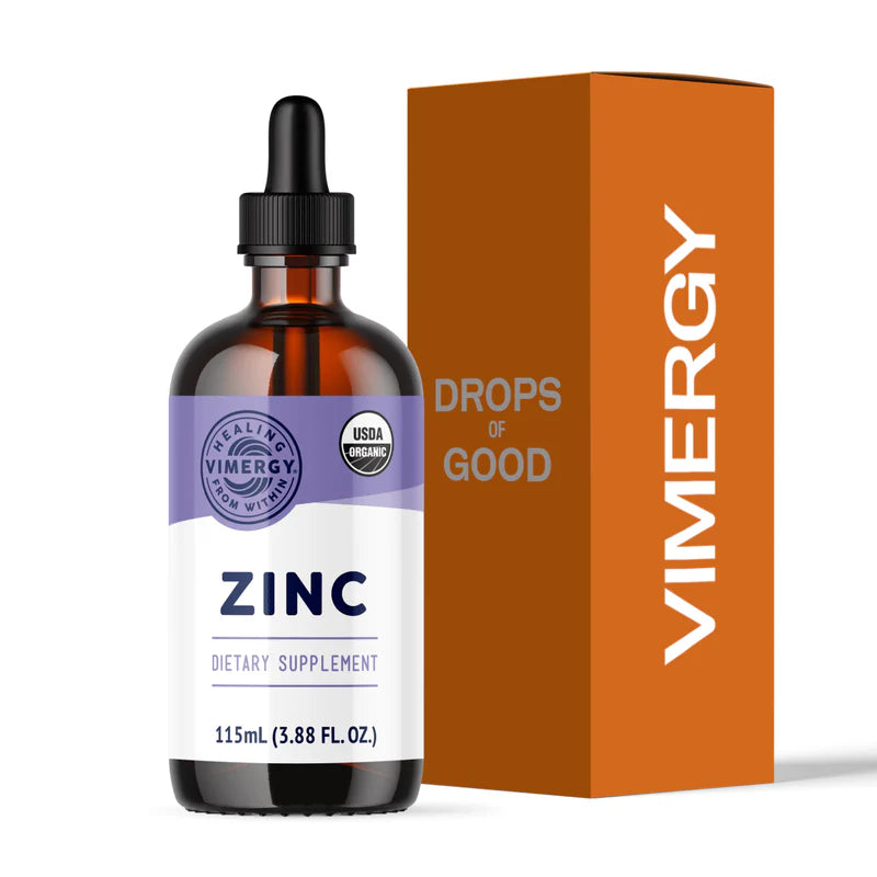 Vimeryg zinc dietary supplement bottle with dropper and packaging on a white background