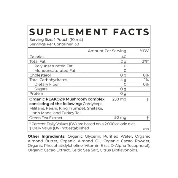 Supplement facts label for a mushroom complex supplement with serving size and nutritional information.