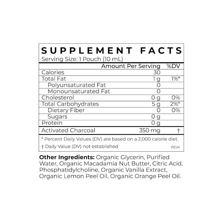 Supplement facts label for a product with activated charcoal on a white background