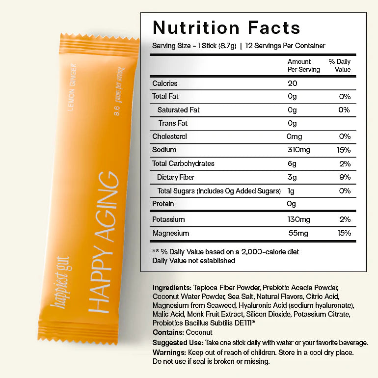 Happy Aging nutrition facts label with an orange package on a white background