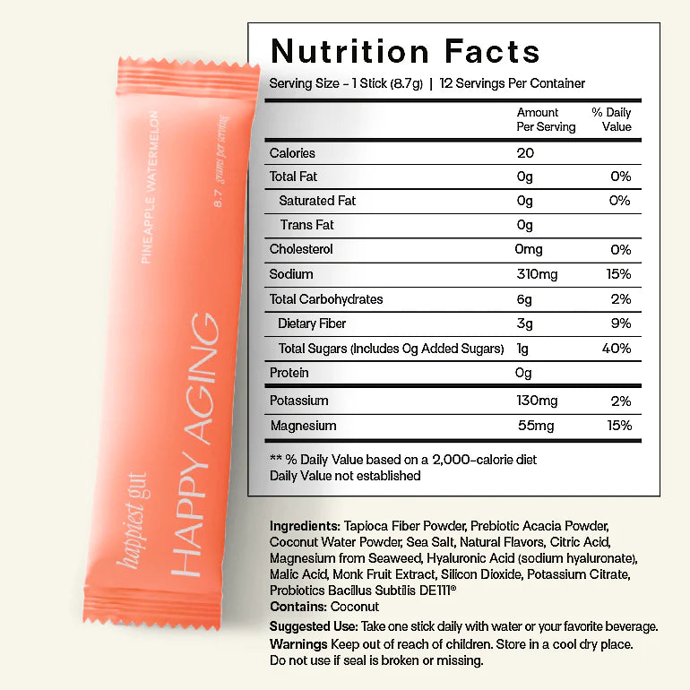 Nutrition facts label and Happy Aging package on a white background