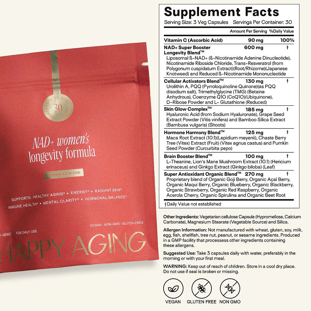 Supplement package with red label and white supplement facts label on a white background