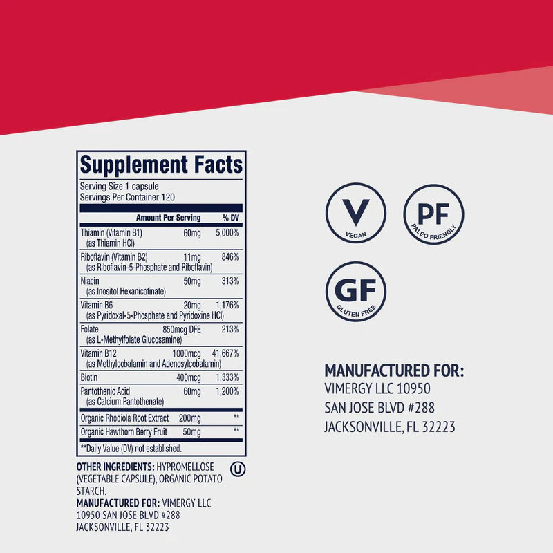 Supplement label with facts and certification logos on a white background