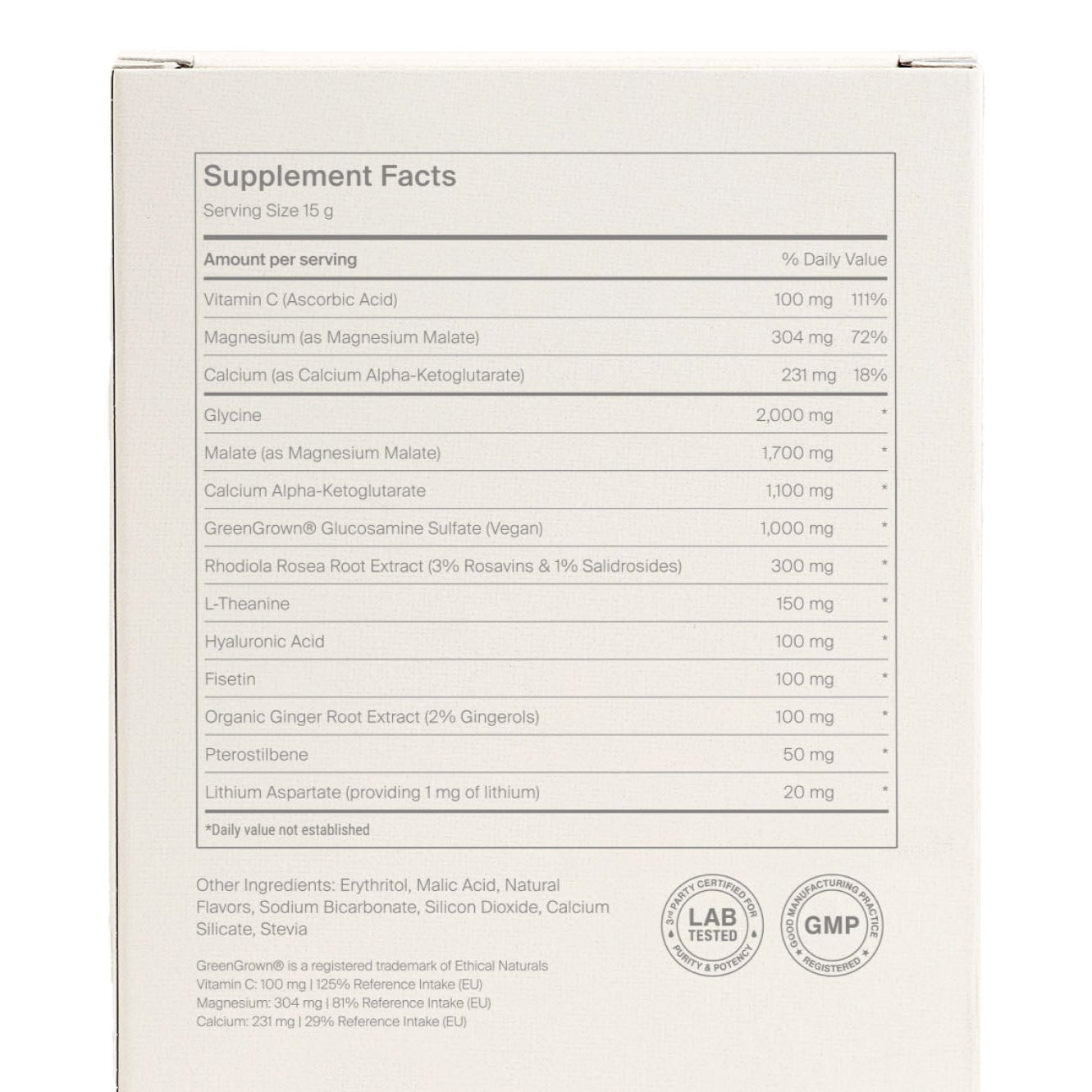Novos Core supplement for longevity, skin health & cognition supplement facts and ingredients list