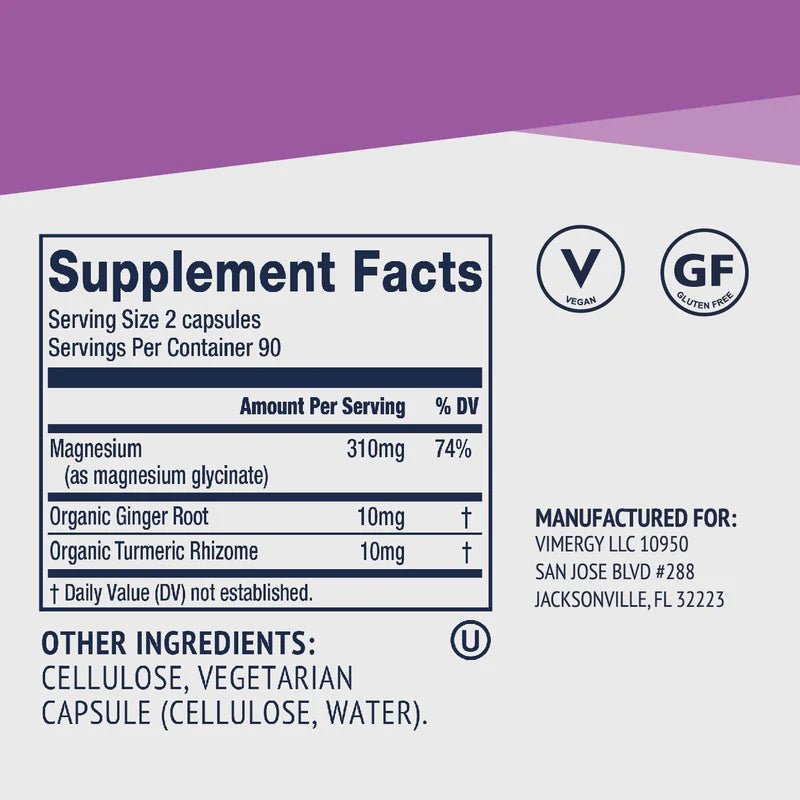 Supplement label with 'V' for vegan and 'GF' for gluten-free symbols on a purple and white background.