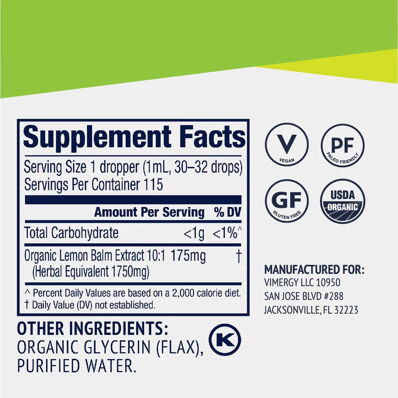 Supplement facts label with icons and text on a green and white background