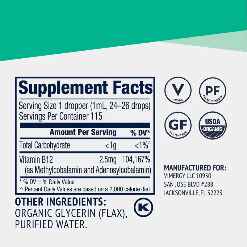 Supplement facts label with branding and certification logos on a teal and white background