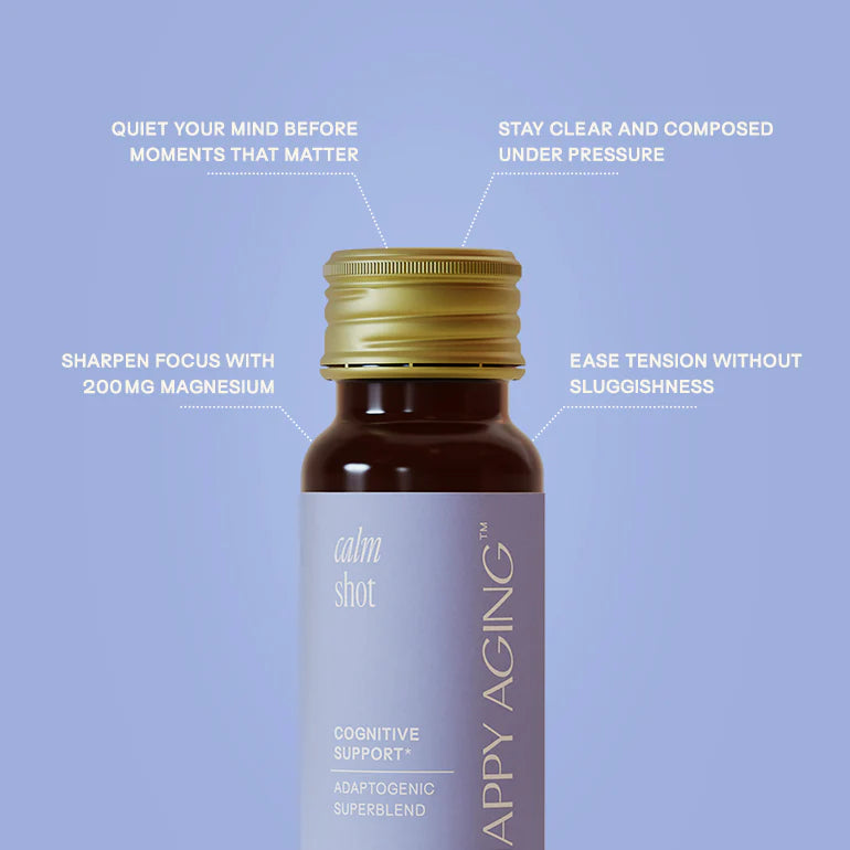 Bottle of 'Happy Aging' with text on a purple background