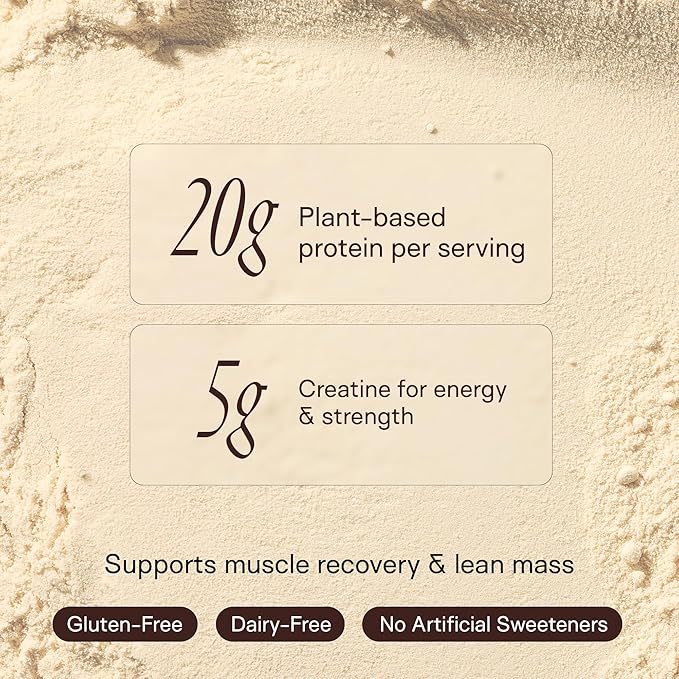 Text overlay on a beige powder background with nutritional information and product features.
