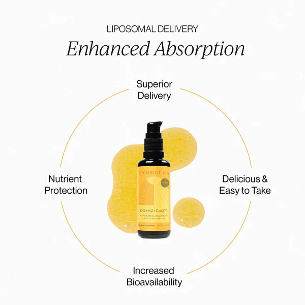 Yellow supplement bottle with text about liposomal delivery and benefits on a white background