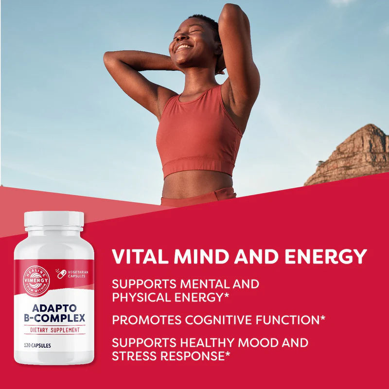 Supplement bottle with a woman exercising outdoors, promoting vital mind and energy.