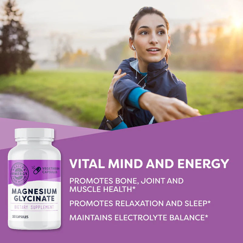Woman exercising outdoors with a supplement bottle labeled 'Magnesium Glycinate' on a purple background.
