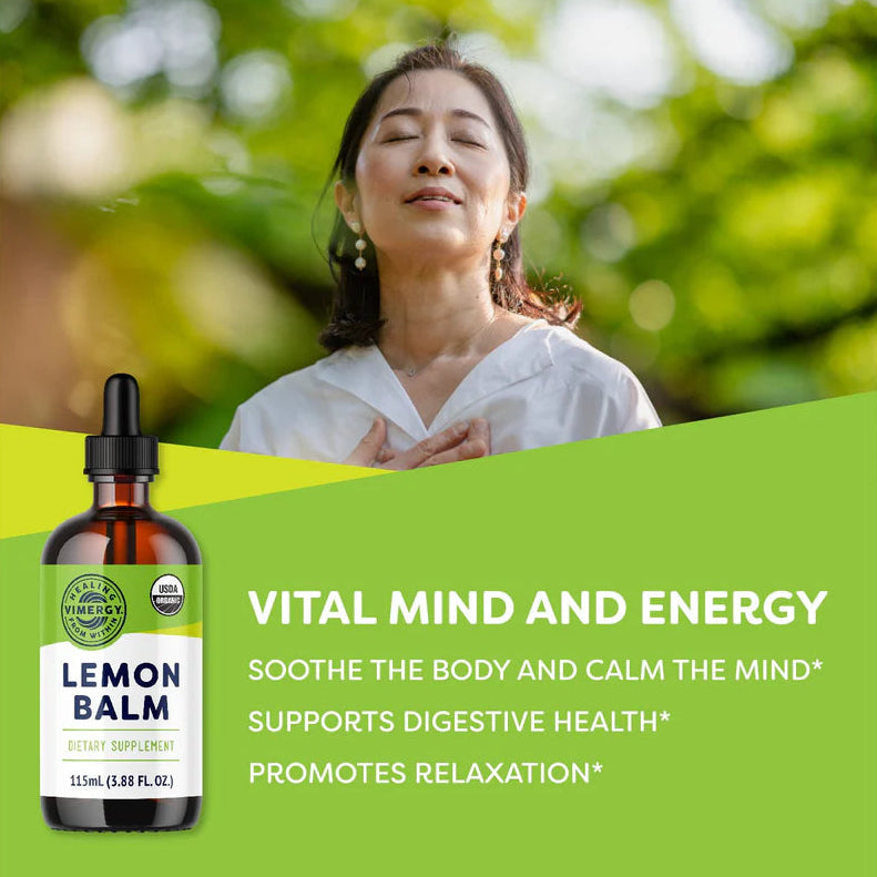 Bottle of lemon balm supplement with a woman outdoors, text about benefits on a green background