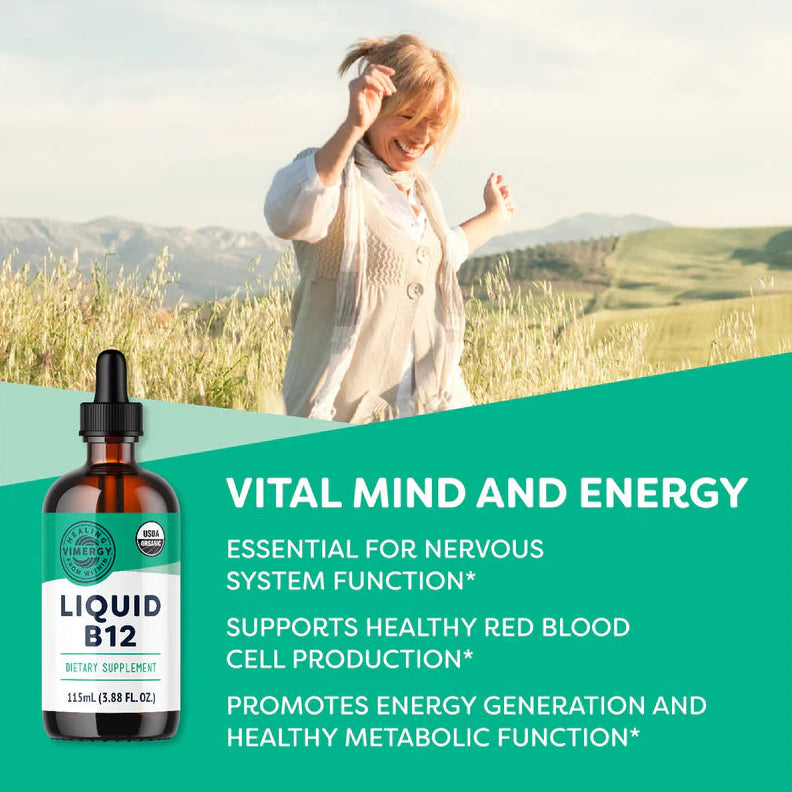 Bottle of Liquid B12 supplement with a scenic background and text about its benefits.
