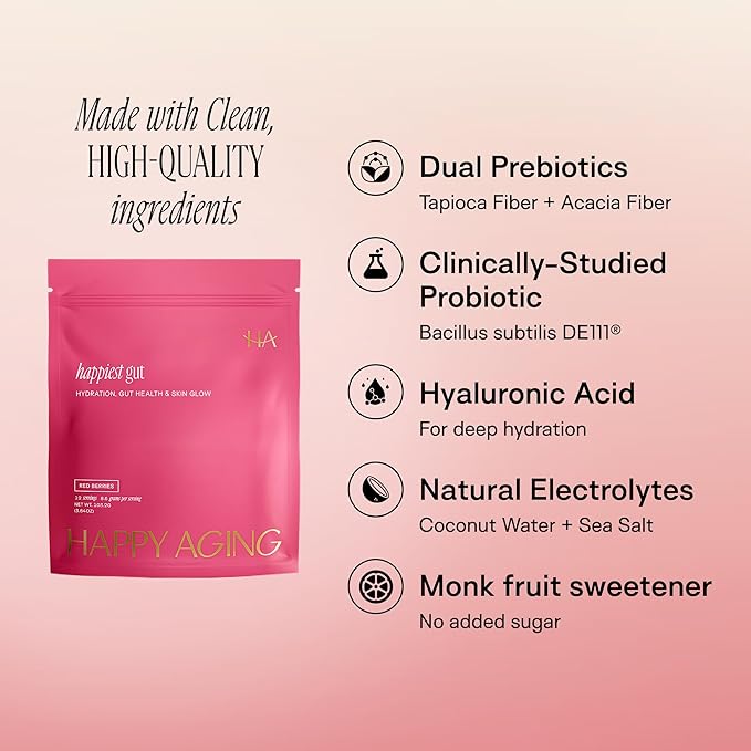 Pink package of 'happiest gut' with ingredients listed on a pink background