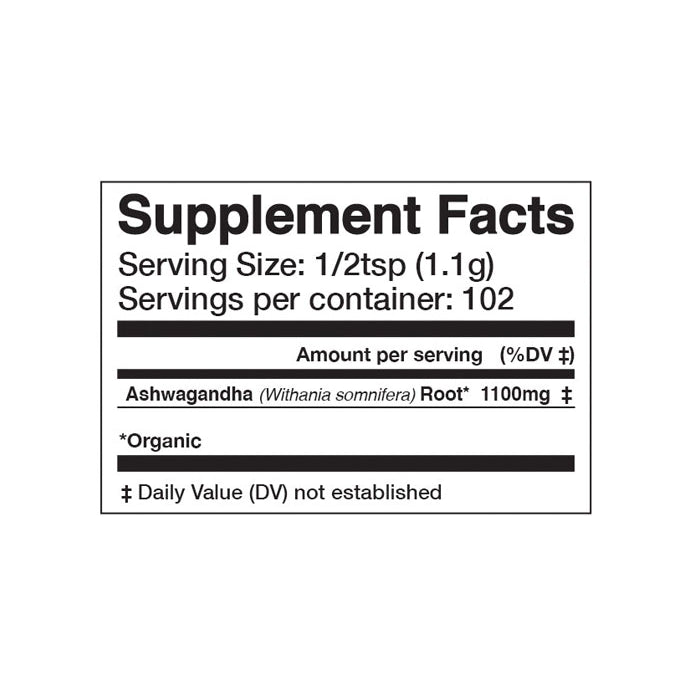 Supplement facts label for Ashwagandha with serving size and container information.