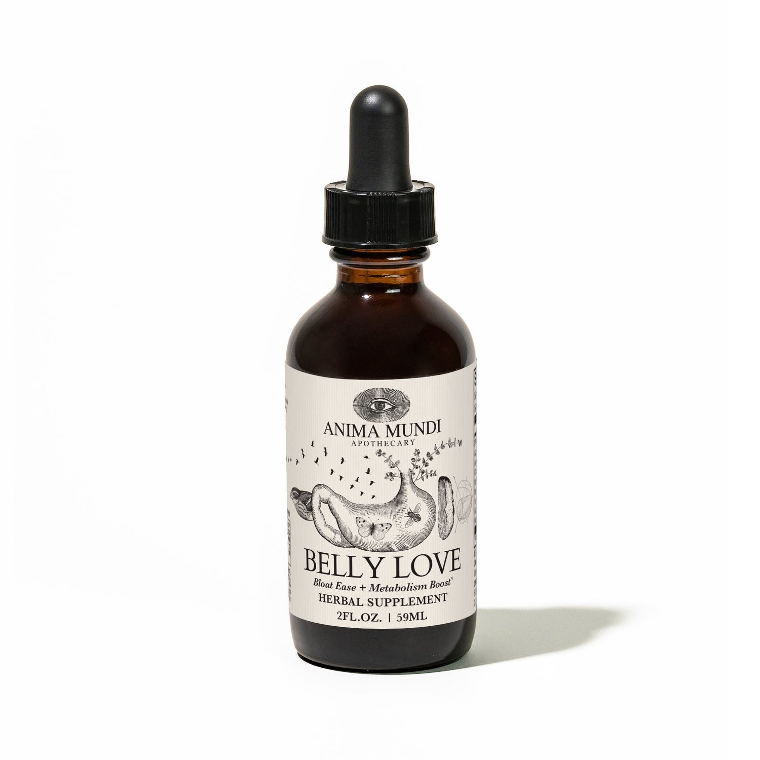 Bottle of Anima Mundi Belly Love herbal supplement on a white background