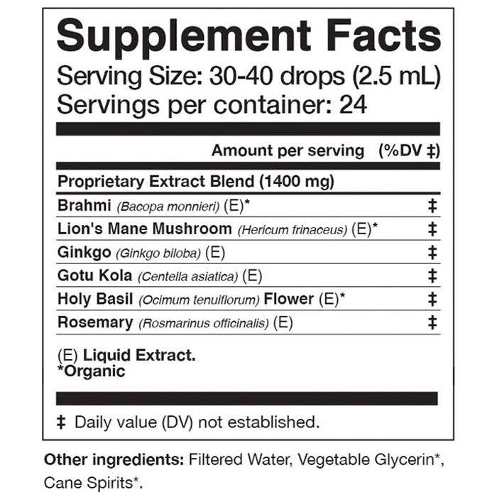 Supplement facts label with various herbal ingredients listed on a white background