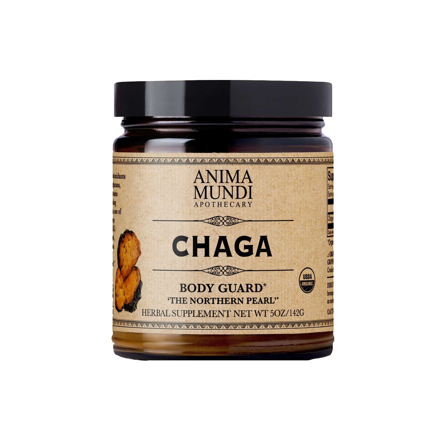 Jar of Anima Mundi Chaga supplement on a white background