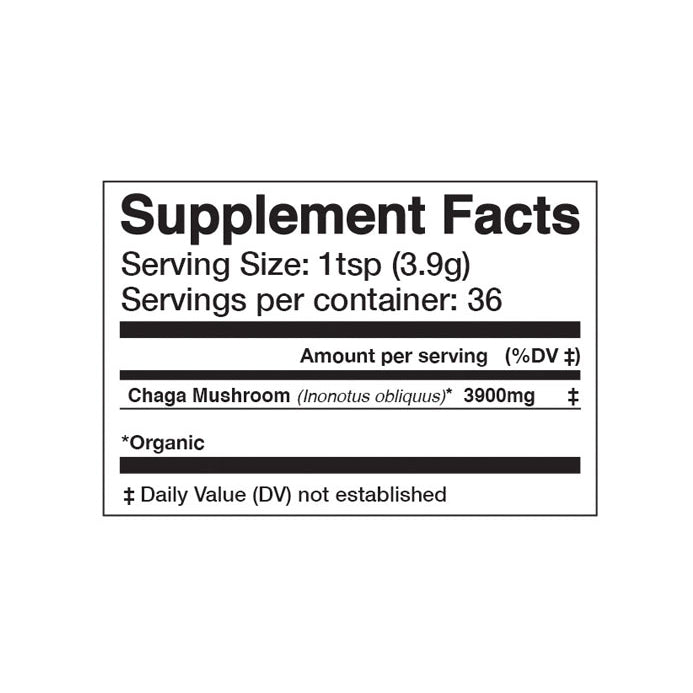 Supplement facts label for chaga mushroom on a white background
