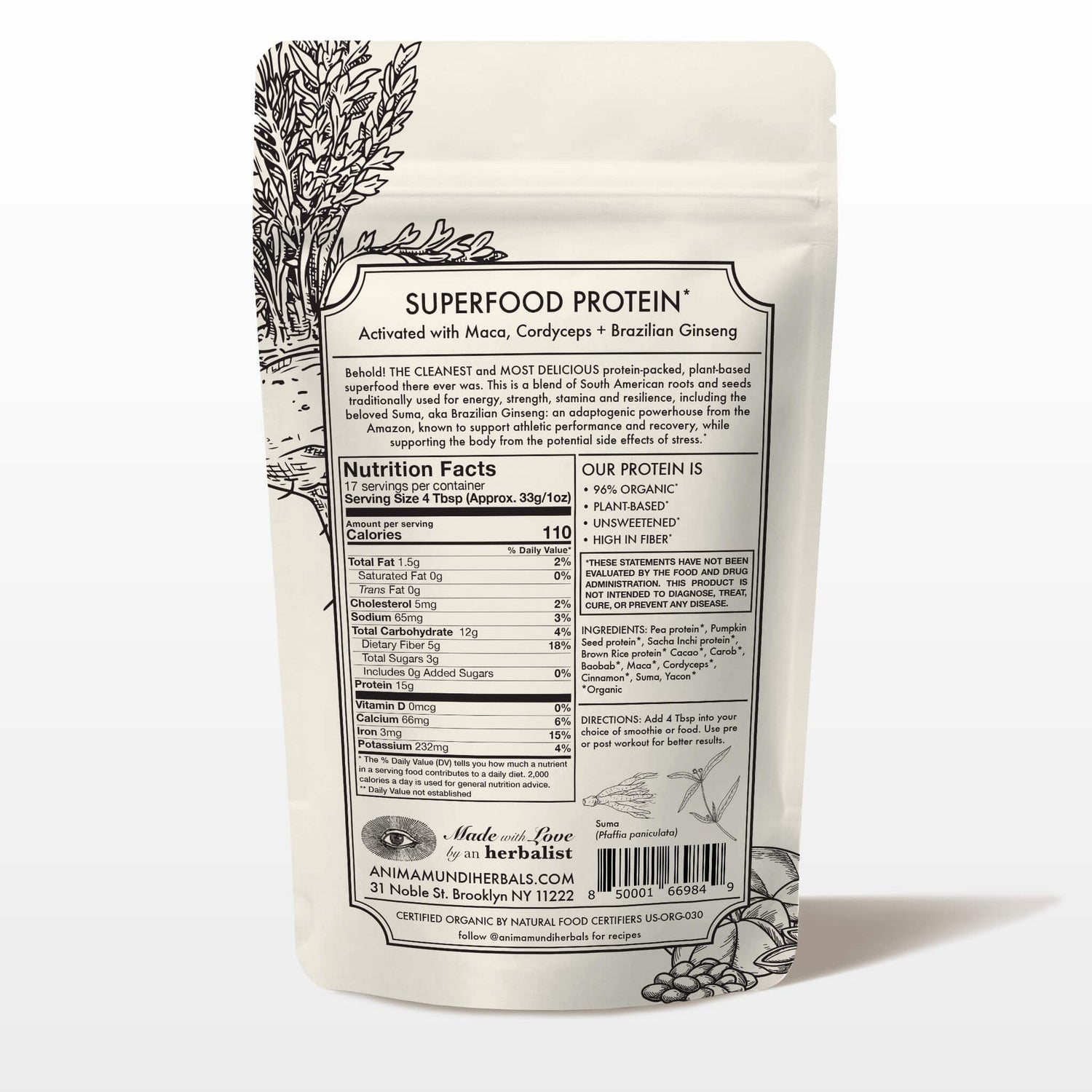 Superfood protein package with nutrition label on a white background