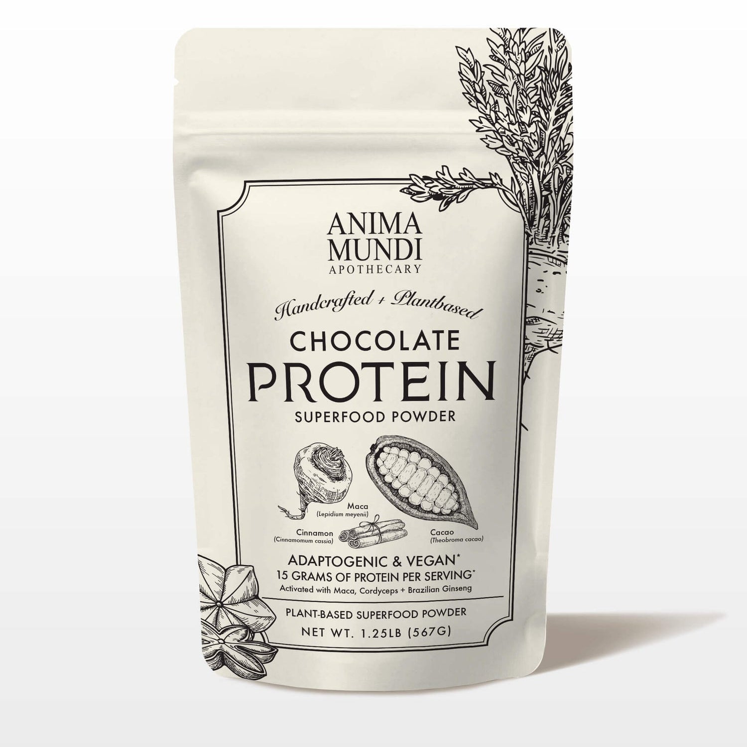 Anima Mundi chocolate protein superfood powder packaging on a white background