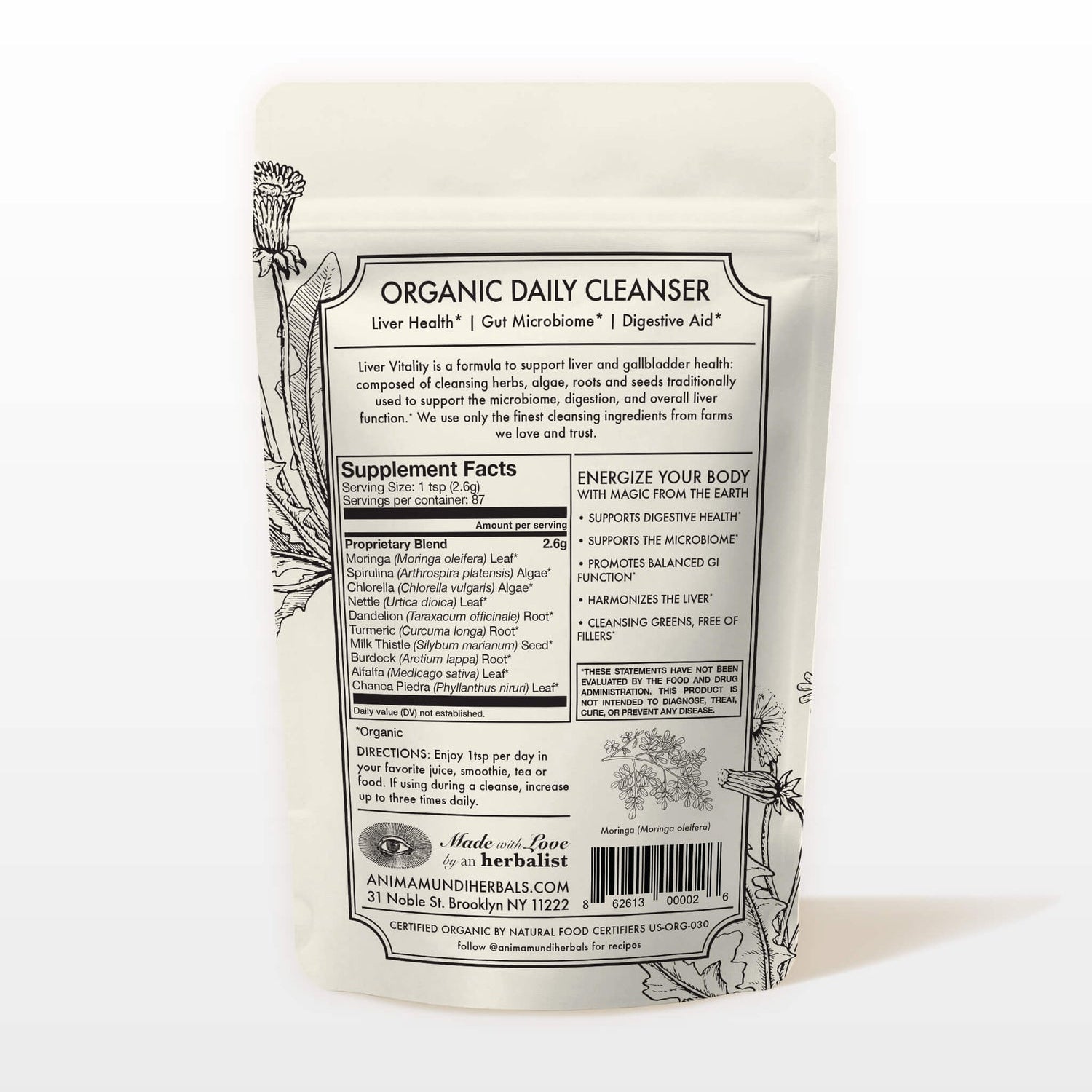 Back view of an organic daily cleanser package with text and branding on a white background