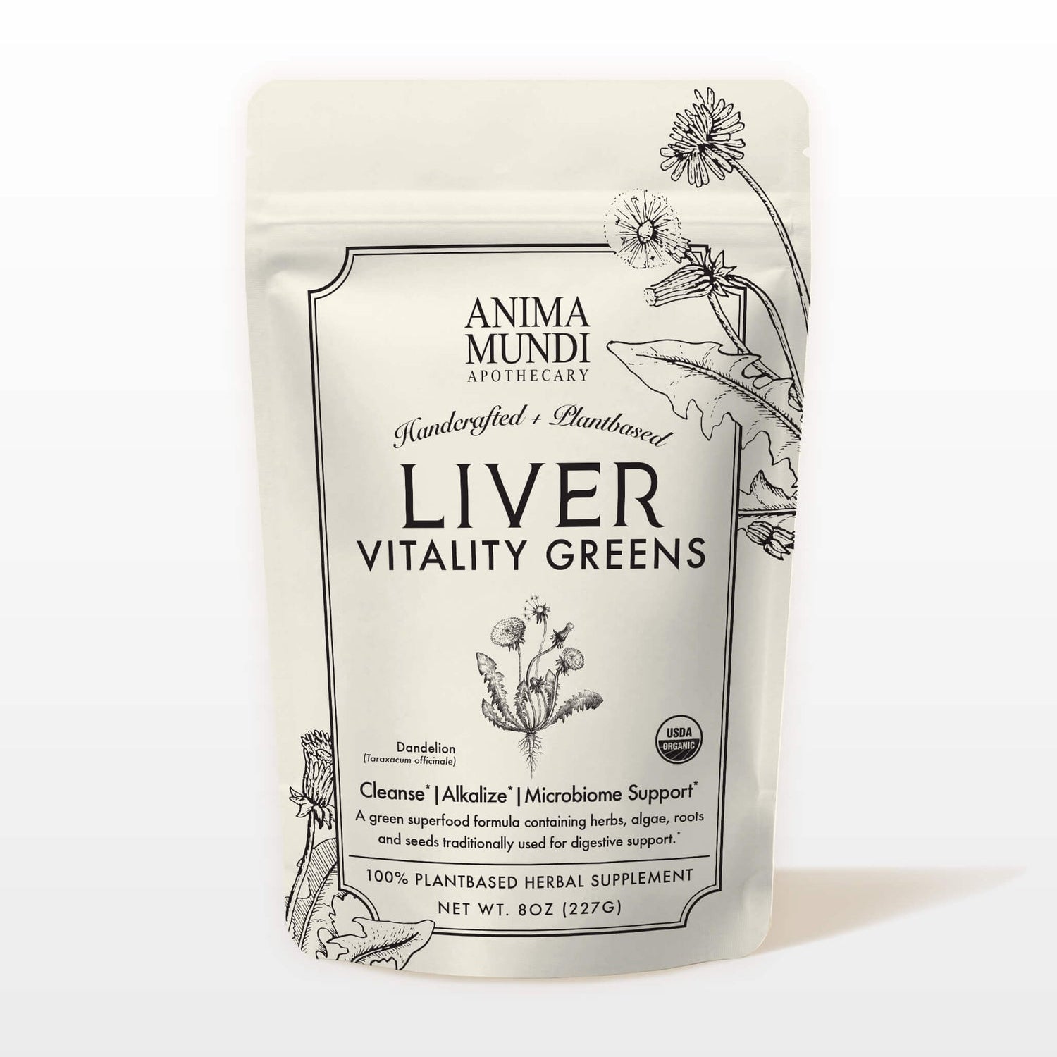 Anima Mundi Liver Vitality Greens supplement package on a white background