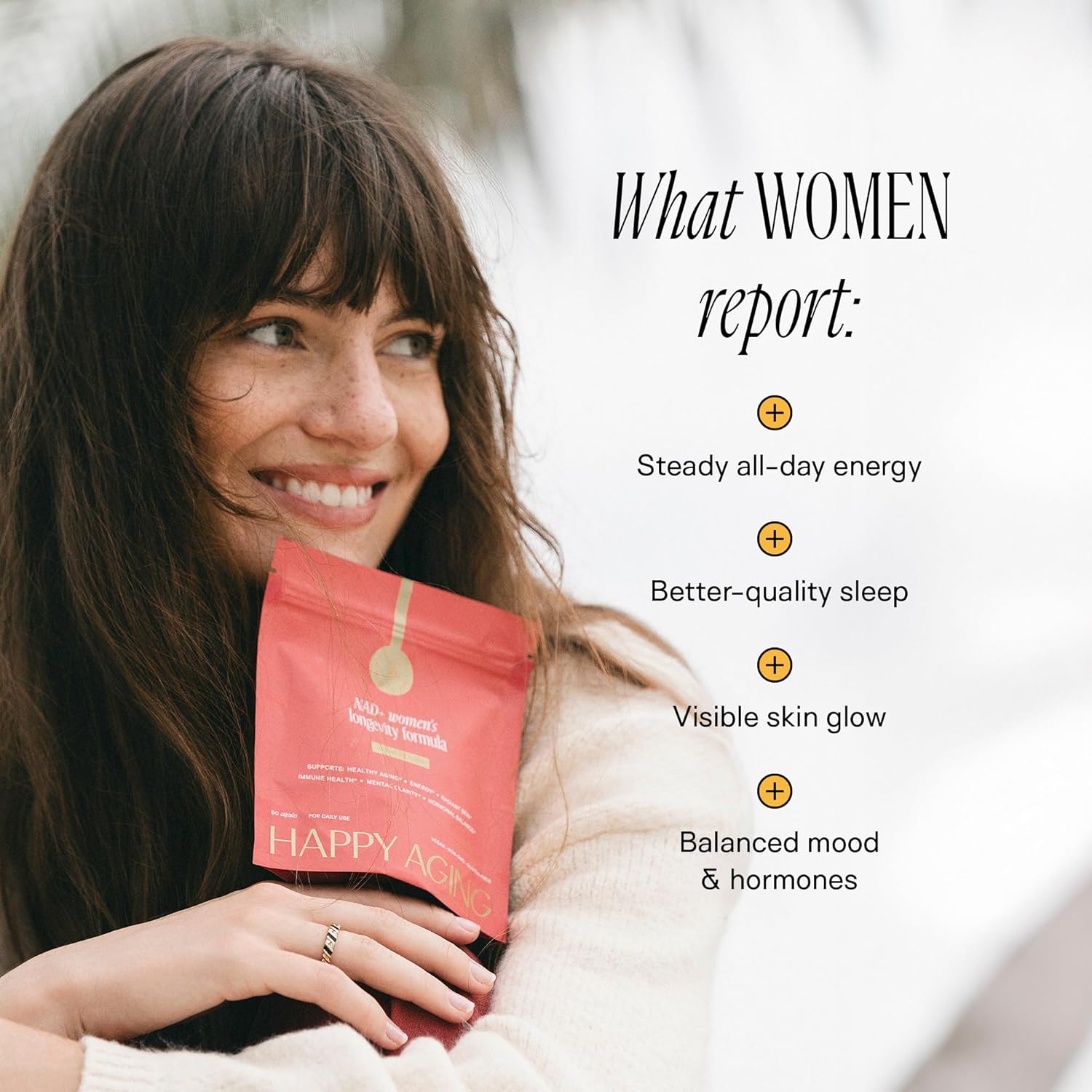 Woman holding a red package with text about product benefits on a blurred background