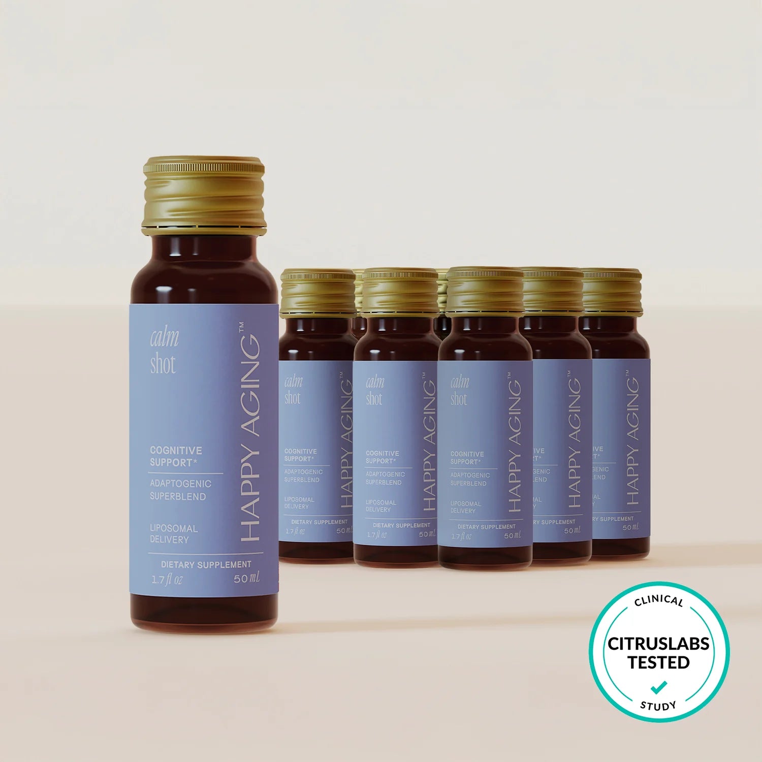 Bottles of 'Happy Aging' dietary supplement with CitrusLabs logo on a beige background
