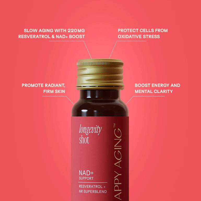 Bottle of 'Longevity Shot' with text on a red background