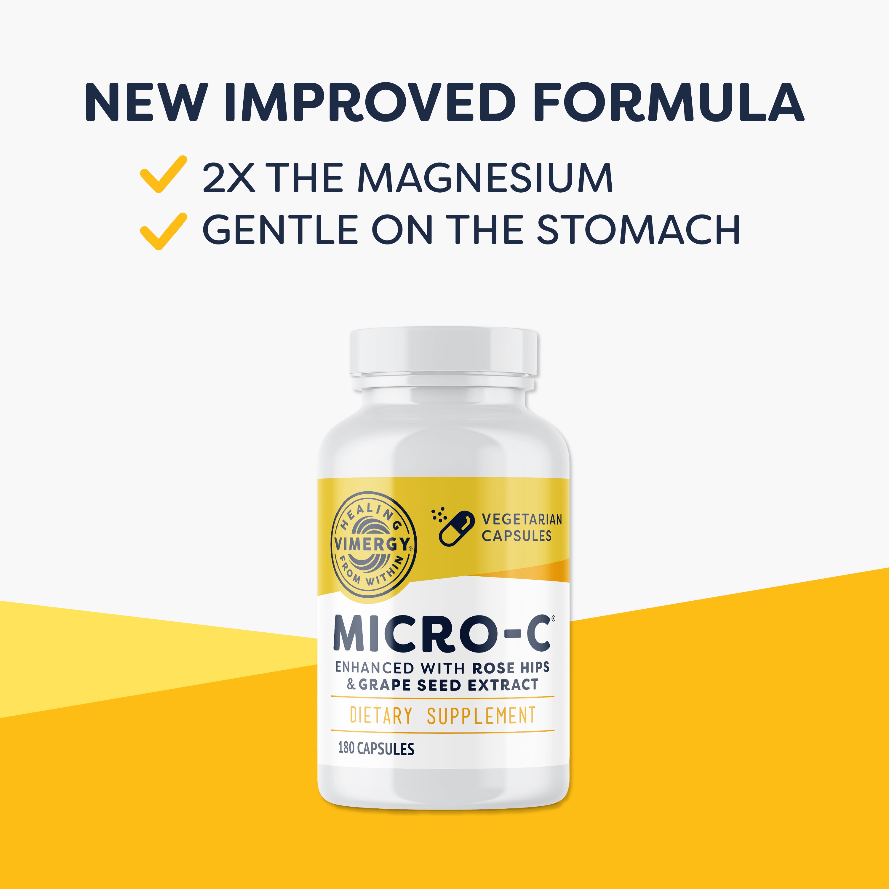 Supplement bottle labeled 'Micro-C' with text highlighting new improved formula on a white and orange background.