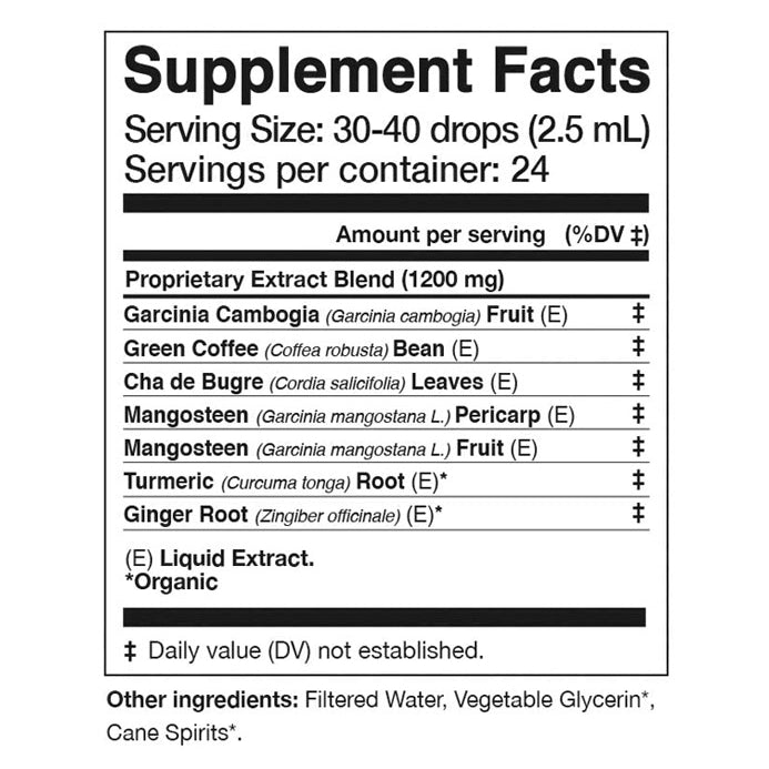 Supplement Facts for BELLY LOVE Tonic with ingredients like Garcinia, Green Coffee, and Turmeric.