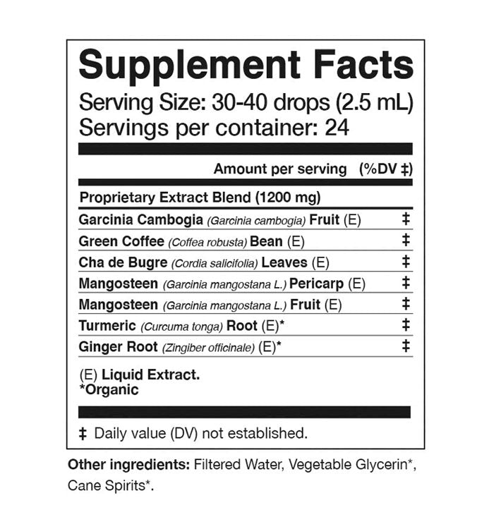 Supplement Facts for BELLY LOVE Tonic with ingredients like Garcinia, Green Coffee, and Turmeric.