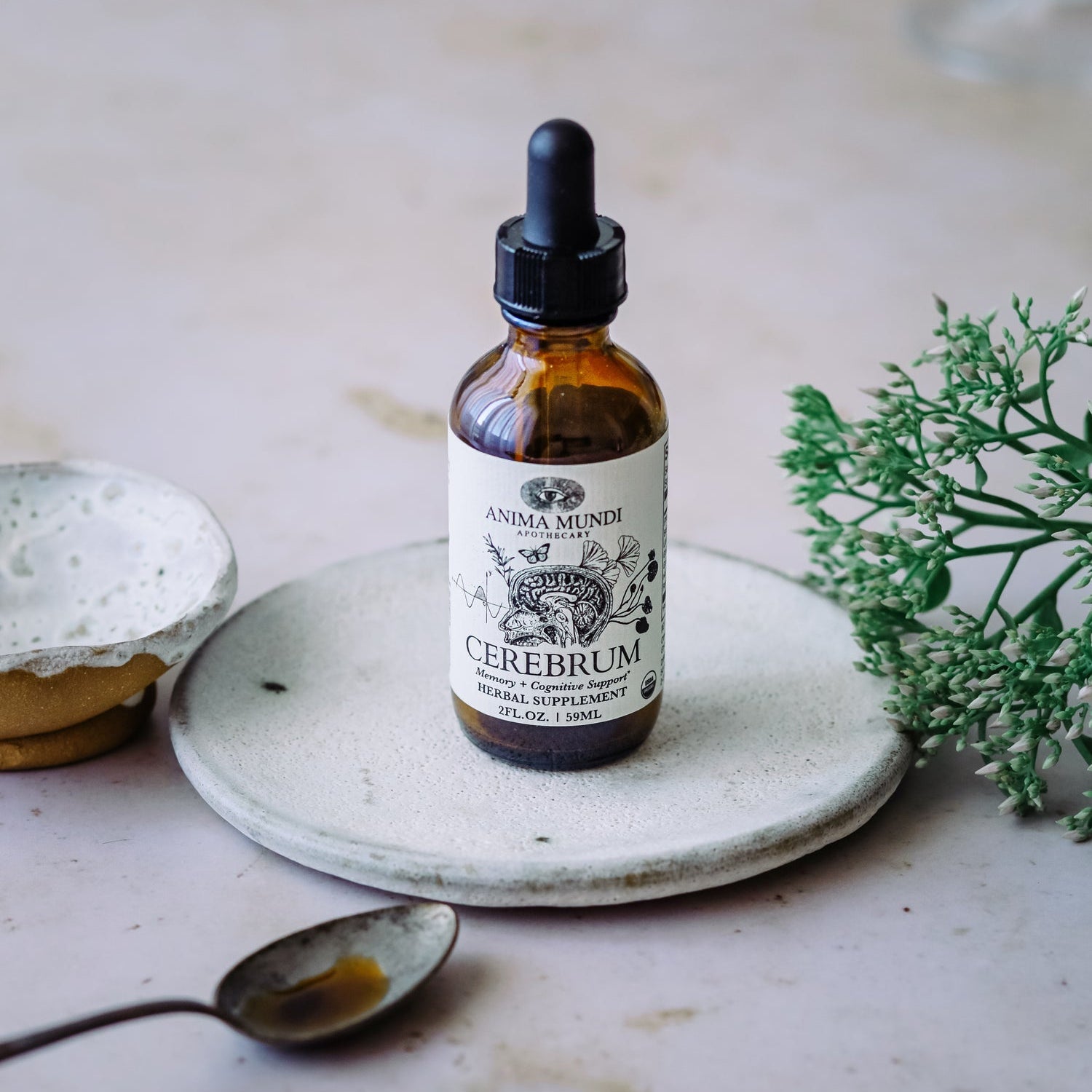 Bottle of Anima Mundi Cerebrum on a white plate with a spoon and plant in the background.