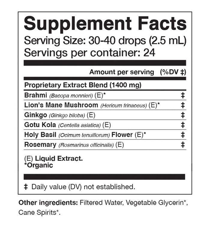 CEREBRUM Tonic Supplement Facts showing nootropic ingredients for cognitive support and mental clarity.