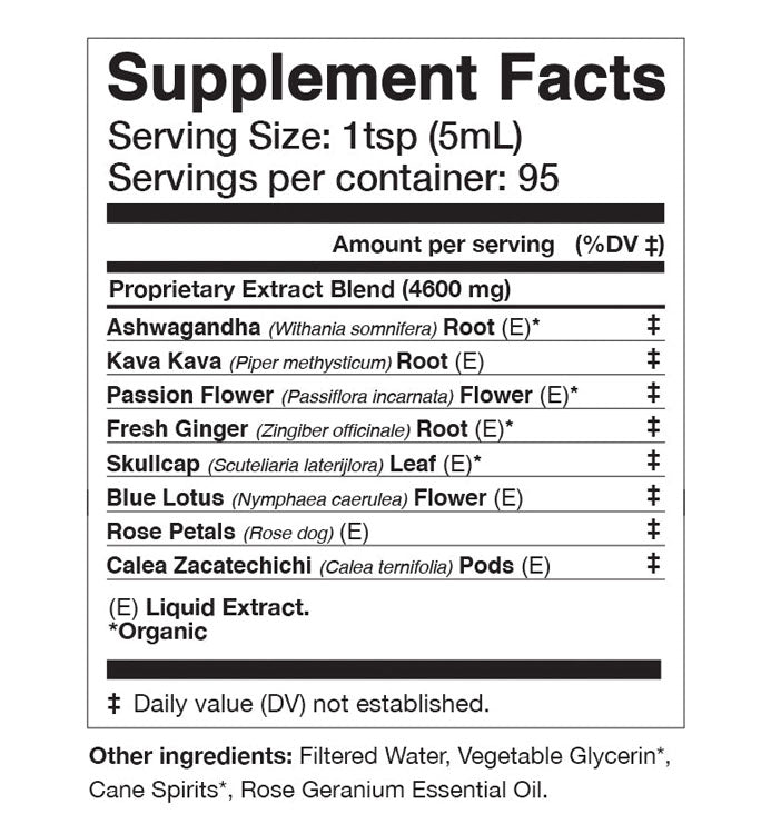 DREAM Elixir supplement facts label showcasing ingredients for rest and relaxation.