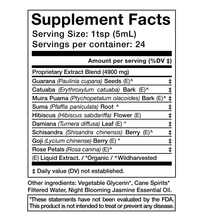 Supplement facts for EUPHORIA Elixir highlighting ingredients and nutritional information.