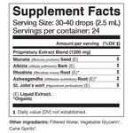 HAPPINESS Tonic Supplement Facts showing ingredients like Mucuna, Albizia, Rhodiola, Ashwagandha, and St. John's Wort.